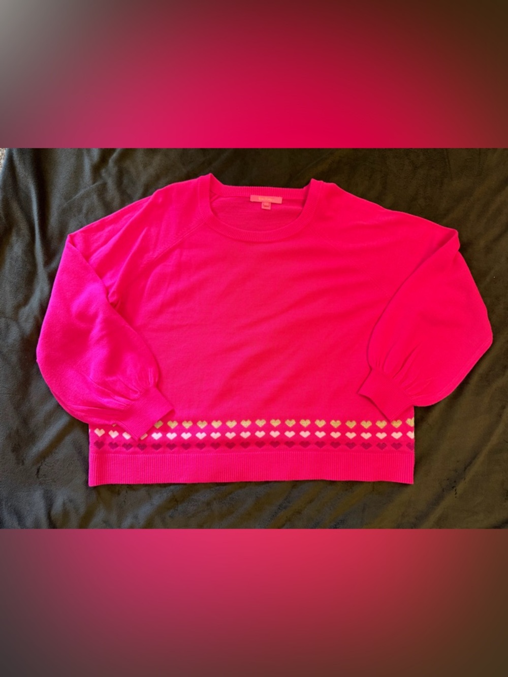 Lilly Pulitzer Pink Heart Intarsia Knit Sweater XXL Puffed Sleeve Crew Neck